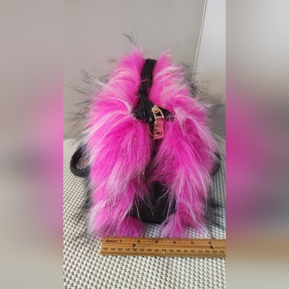 Women's Shoulder Handbags Faux Fur Tote Bag Fluffy Satchel Handbag Pink/Black - Picture 3 of 6